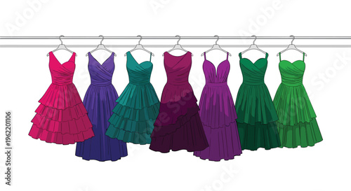 Seven vibrant layered and ruffled dresses in various colors hang neatly on a silver clothing rail.