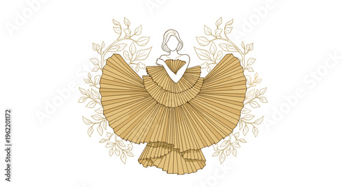 A faceless woman in a voluminous pleated golden-brown dress is surrounded by a circular wreath of delicate leaves.