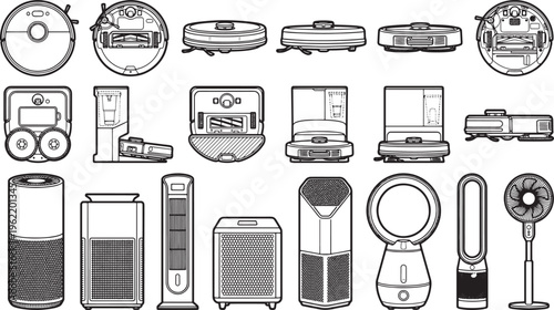 A detailed illustration showcases various modern household robotic vacuum cleaner, air purifiers and fan from different angles and styles.