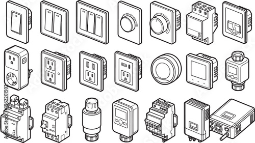 Illustrative display of various light switches, dimmers, outlets, and electrical components, showcasing a comprehensive collection of modern electrical devices for home and commercial applications.