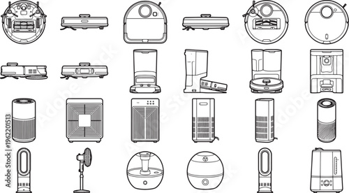 An array of innovative domestic appliance technology, expertly captured through detailed line art, creating an engaging visual display for consumers.