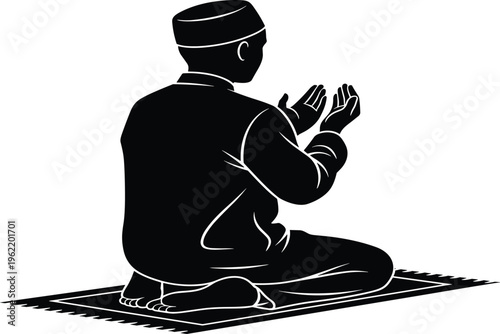 Muslim man praying silhouette, Islamic prayer posture on prayer mat, spiritual worship cad drawing flat vector illustration isolated