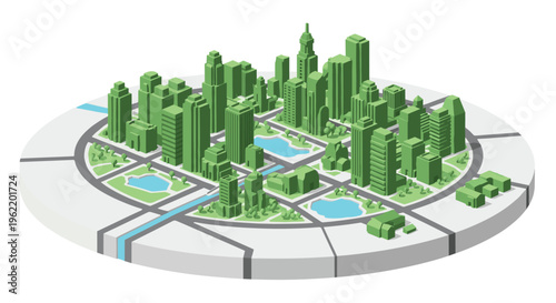 An isometric green city with buildings, roads, and parks is depicted on a circular platform.