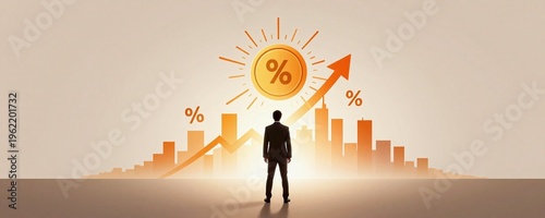 A sleek, minimalist scene set at a horizon tilted perspective, where a confident businessman stands at the bottom of the position