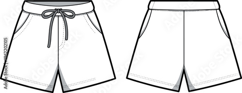 Technical fashion flat sketch of basic drawstring shorts with elastic waistband and side pockets, casual summer activewear vector illustration for apparel tech packs.