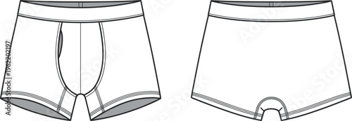 Technical Fashion Flat Sketch of Men Boxer Briefs Underwear with Elastic Waistband and Front Pouch Detail for Apparel Tech Pack and Vector Illustration.