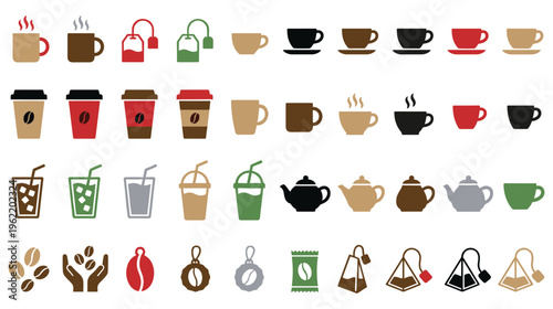 Modern flat coffee and tea icons with colorful mugs and take away cups.