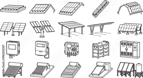 Variety of solar panel arrangements illustrate the potential of renewable energy and sustainable living in a modern world.