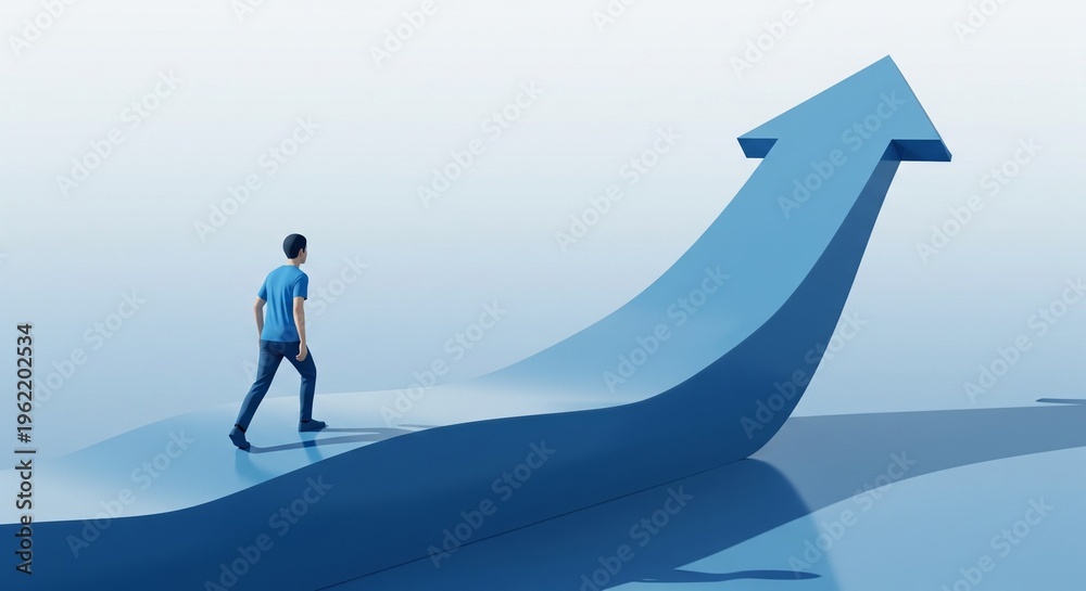 Obraz premium Man Walking Upward Arrow Path, Symbolizing Growth and Success, 3D Render, Business Concept Mockup