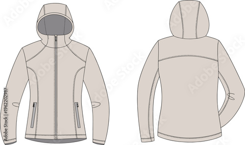 Technical fashion flat sketch of women's performance hooded fleece jacket with zipper pockets, contoured seams, and raglan sleeves in professional vector CAD illustration.