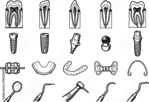 Detailed illustration of dental tools and teeth, showcasing the tools and the complexity of dental care, from healthy teeth to the instruments used in modern dentistry.