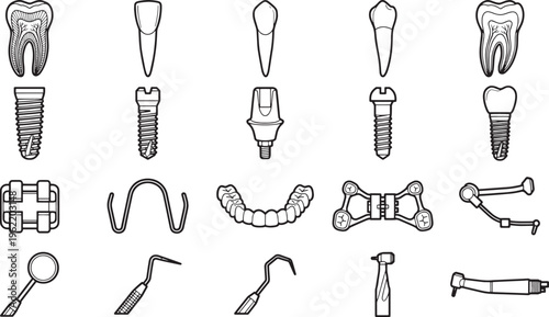 Dental Instruments and teeth illustrations for dental treatment and oral healthcare.