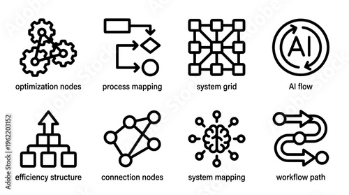 Abstract icons representing data processing systems and technical workflows