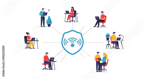 Cybersecurity Secure Network for Remote Work: People Connecting Safely with Data Protection Shield Illustration