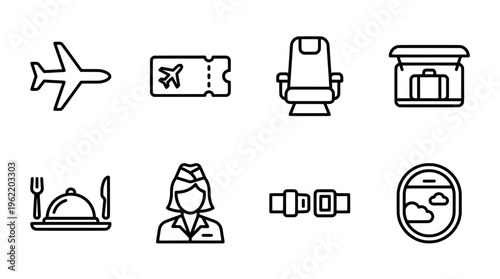Airline travel icons set plane ticket seat baggage meal stewardess belt window