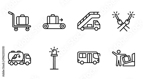 Airport icons luggage transportation and service symbols in outline style