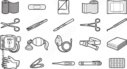 A collection of medical tools for emergency use.