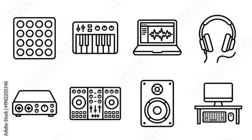 Audio production equipment icons set on white background for creative design