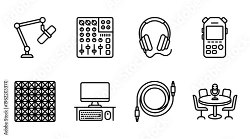 Audio recording equipment icons set for podcast and sound production