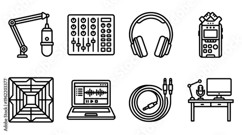 Audio recording equipment icons microphone headphones mixer and more