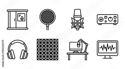 Audio recording equipment icons microphone headphones studio elements
