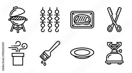 Barbecue icons set grill skewers meat tongs smoke brush plate and stove