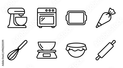 Bakery equipment icons mixer oven tray piping bag whisk scale bowl roller