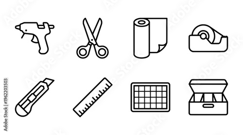 Crafting tools collection glue gun scissors paper roll tape dispenser and more