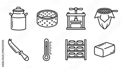 Dairy equipment icons milk can mold press strainer knife thermometer shelves block