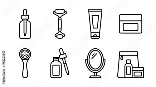 Cosmetic products illustration with skincare tools and beauty accessories