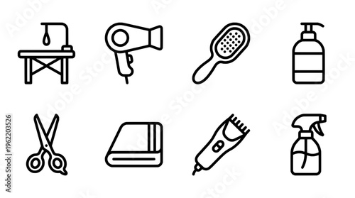 Dog grooming tools icons on white background