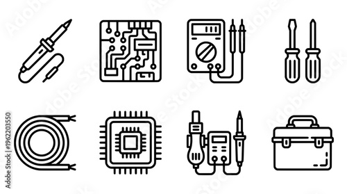 Electronic tools icons soldering iron circuit board multimeter screwdrivers