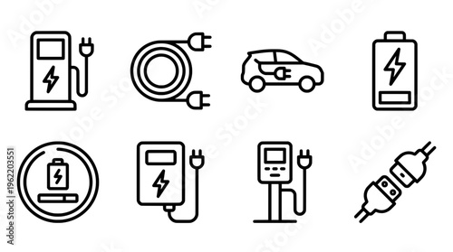 Electric vehicle icons charging stations car battery and connectors in outline style