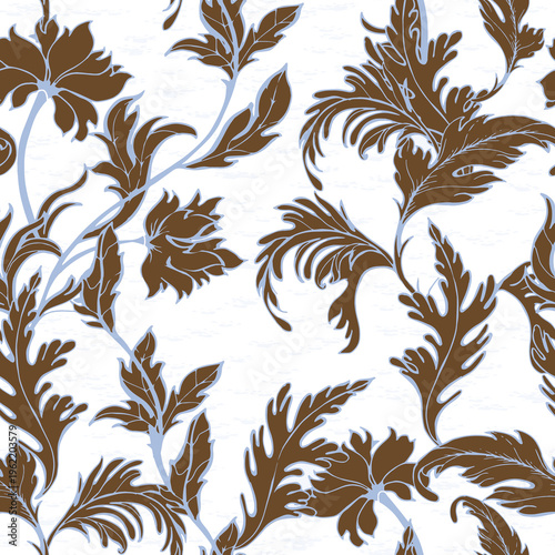 Seamless Earthy Brown Floral Damask Pattern on Light Distressed Background