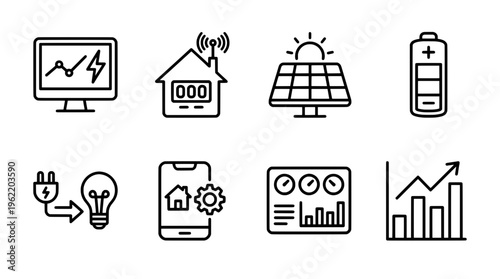 Energy technology icons solar panels battery smart home and monitoring charts
