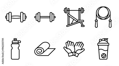 Gym equipment icons dumbbells bench press jump rope and accessories