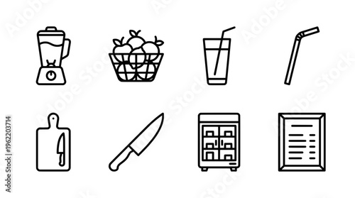 Healthy food preparation icons blender fruits glass straw knife and more