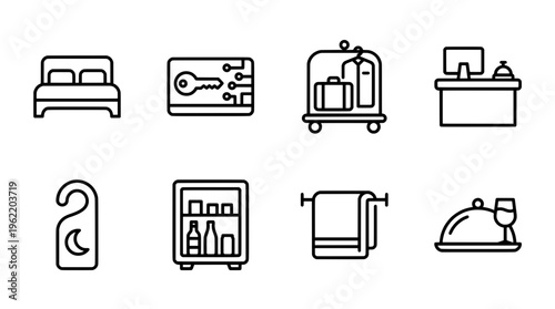 Hotel and hospitality icon set featuring bed key card bellhop and more