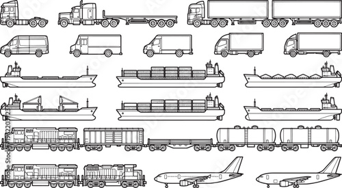 A comprehensive illustration showcasing various modes of transportation, from commercial trucks to freight trains, cargo ships, and airplanes, meticulously depicted in a detailed, line-art style.