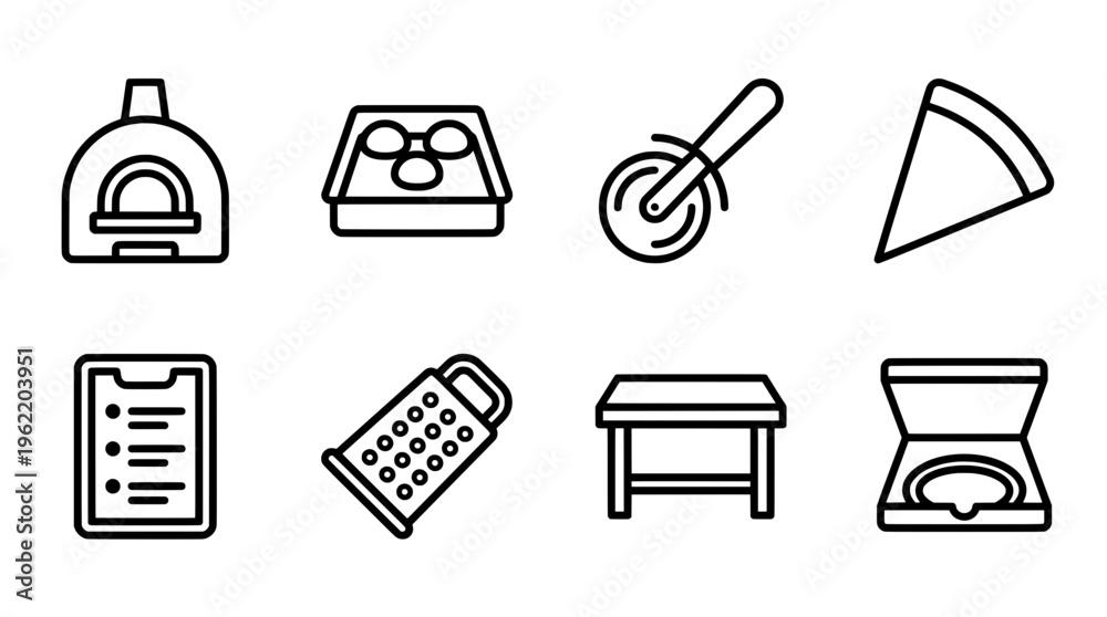 Fototapeta premium Pizza making icons set oven ingredients cutter slice tablet grater table