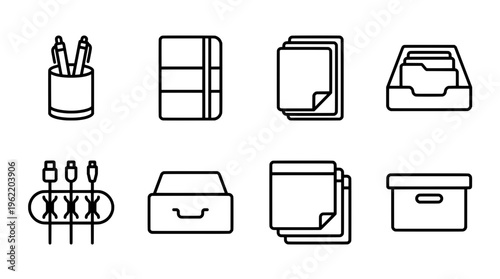 Office supplies icon set pens notebooks paper and storage containers