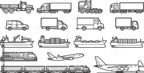 Collection of meticulously crafted black and white transport illustrations, presenting an extensive range of transportation modes.