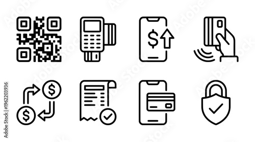 Payment and financial transaction icons set with qr code smartphone and card
