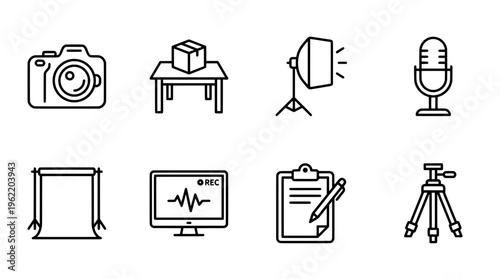 Photography and filming equipment icons camera lighting microphone vector set