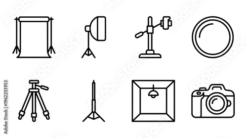 Photography equipment icons studio backdrop lighting camera and tripod