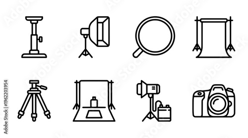 Photography equipment icons studio lights tripods backdrops and camera