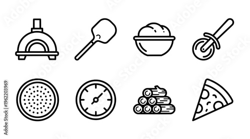 Pizza making icons set oven tools ingredients and finished product