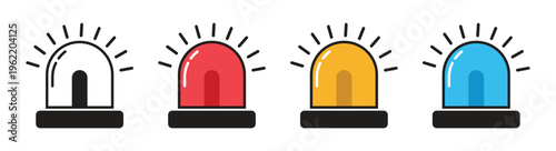 Emergency siren light icons set, alert signal symbols with outline and colored styles