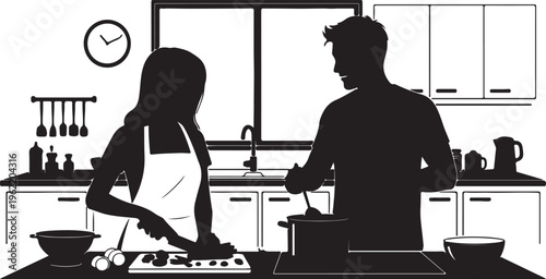 People working in kitchen and bar silhouettes cooking serving drinks restaurant workflow cad drawing flat vector illustration set