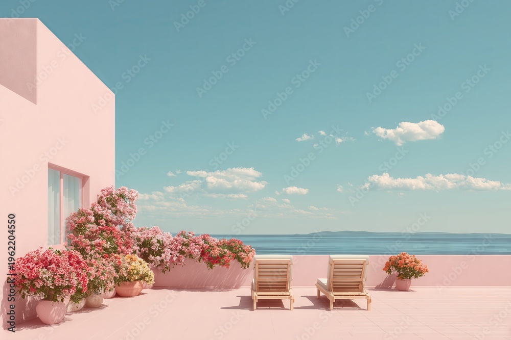 Obraz premium Minimalist pink terrace with flowers and sea view